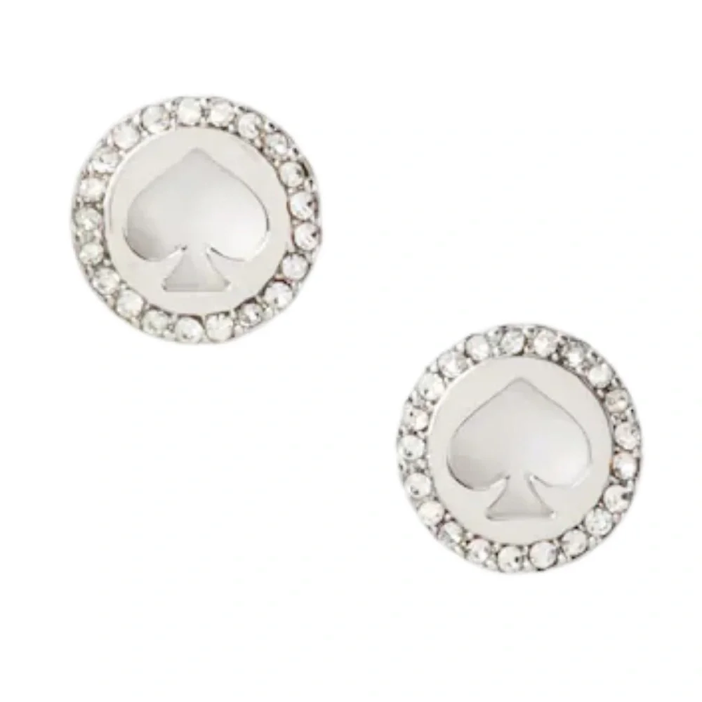 Kate Spade • NWT NIB Silver Spot The Spade Pave Crystal Halo Earrings +Pouch Bag